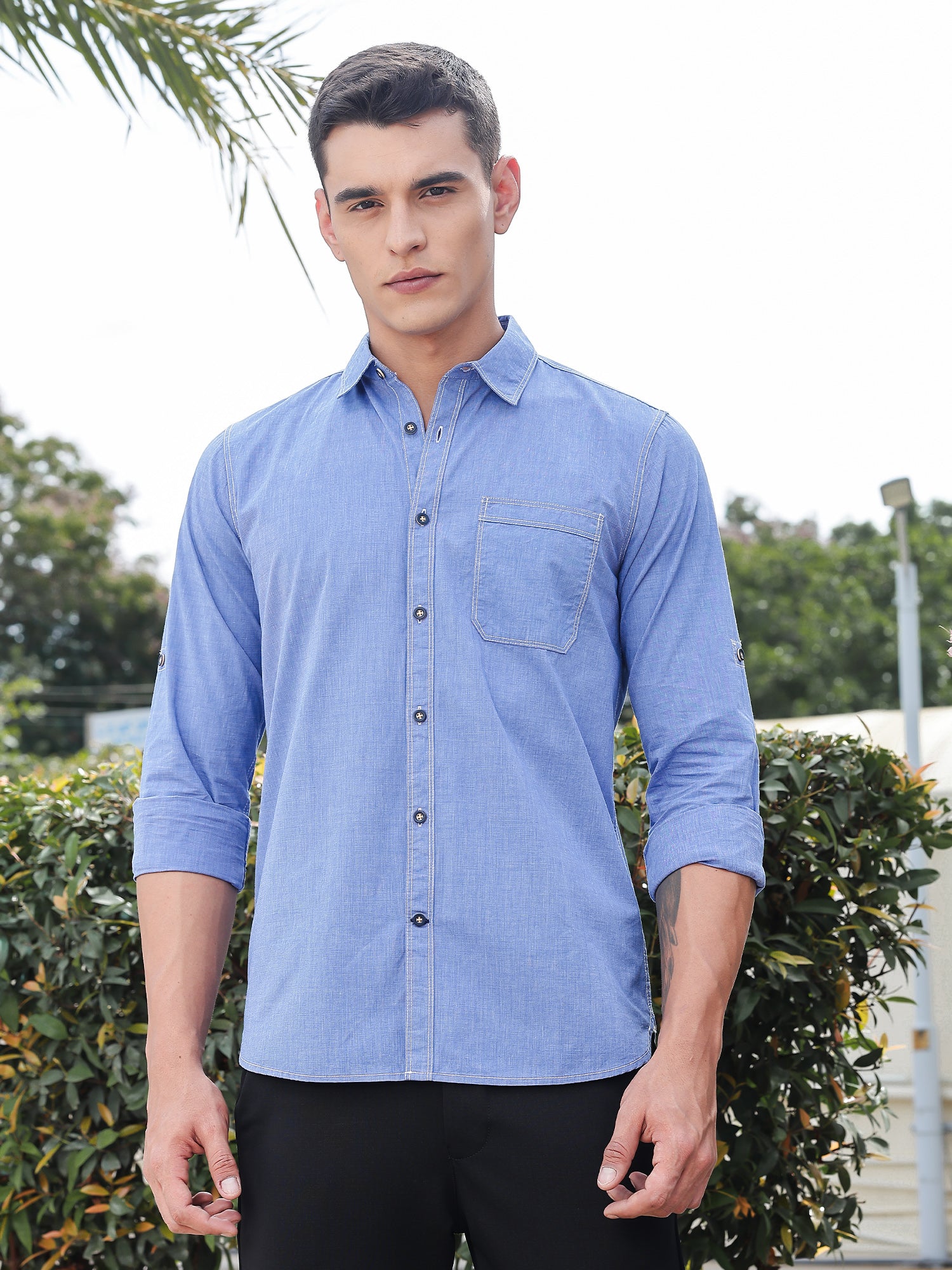 Thomas Scott Men Blue Slim Fit Long Sleeves Spread Collar Filafil Casual Shirt