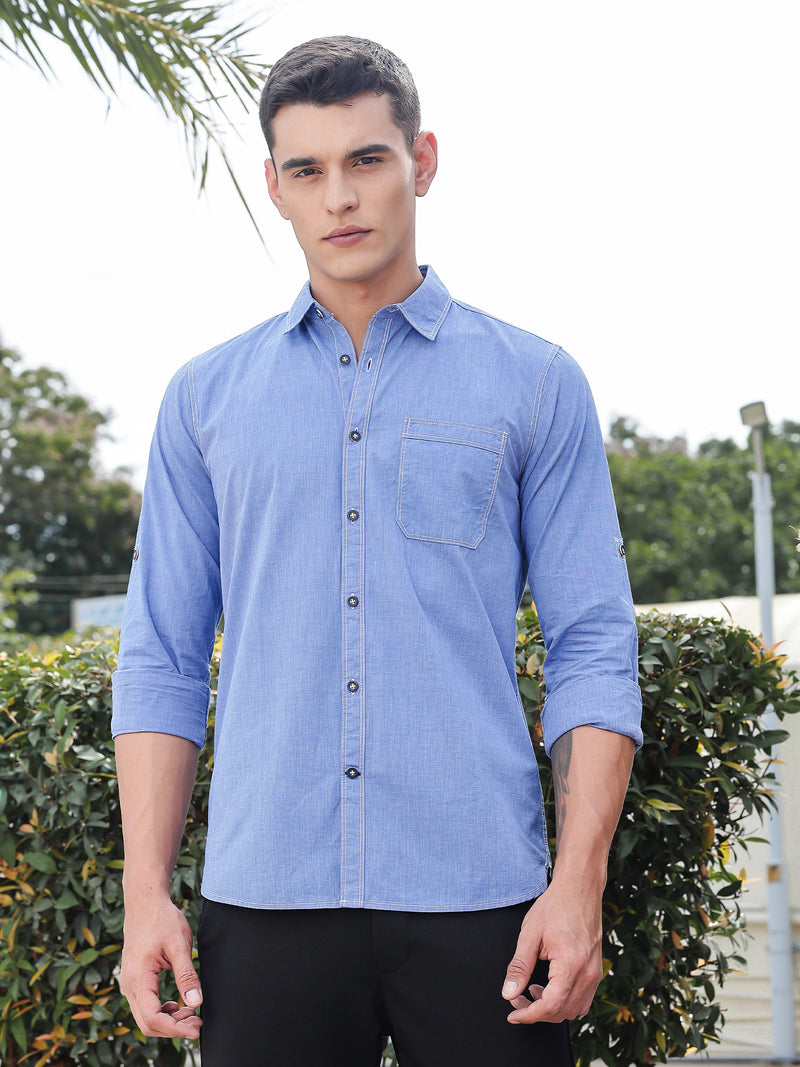 Thomas Scott Men Blue Slim Fit Long Sleeves Spread Collar Filafil Casual Shirt