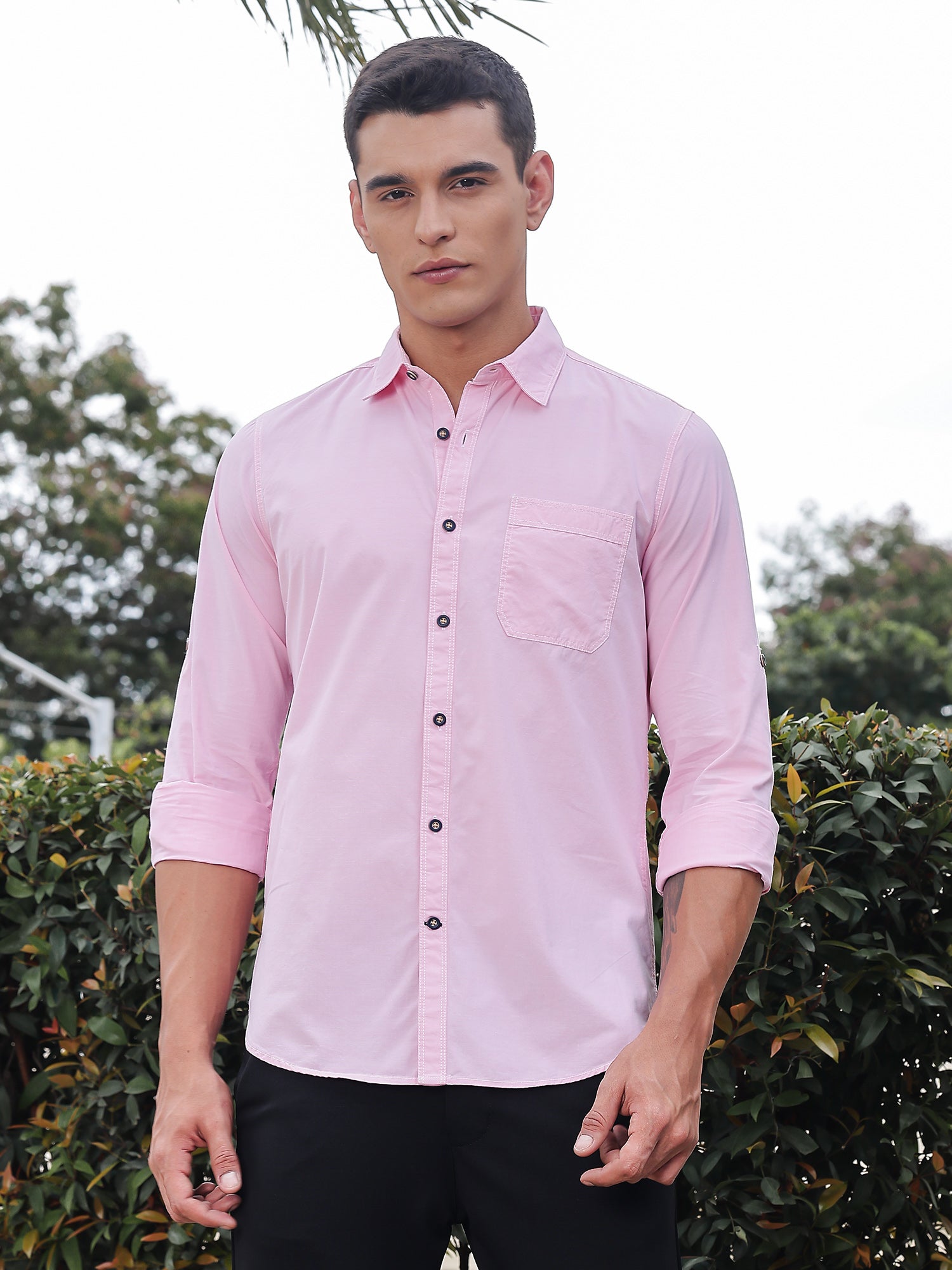 Thomas Scott Men Light Pink Slim Fit Long Sleeves Spread Collar Filafil Casual Shirt
