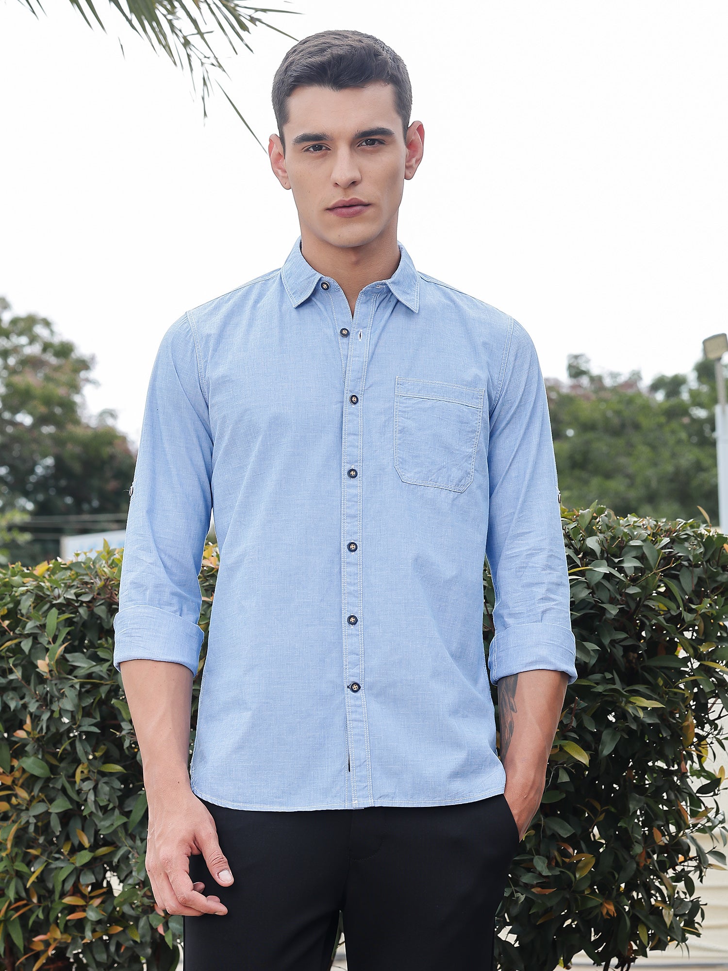 Thomas Scott Men Mid Blue Slim Fit Long Sleeves Spread Collar Filafil Casual Shirt