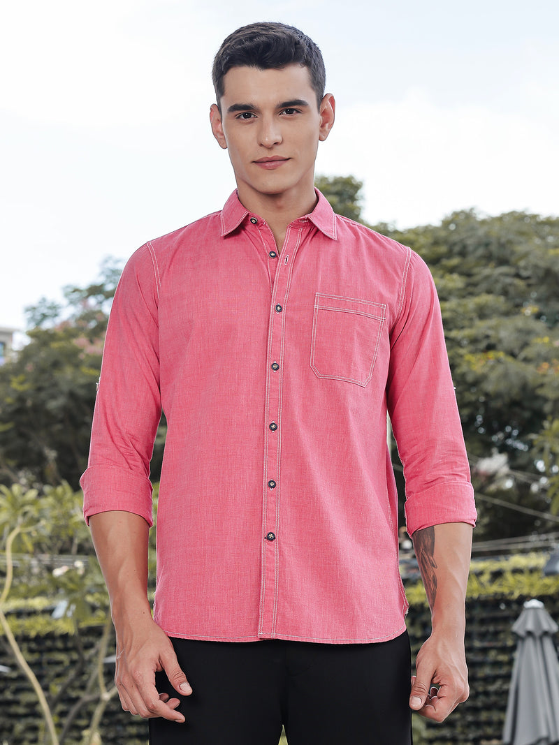 Thomas Scott Men Red Slim Fit Long Sleeves Spread Collar Filafil Casual Shirt