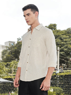 Thomas Scott Men Khaki Slim Fit Long Sleeves Windowpane Checks Linen Casual Shirt