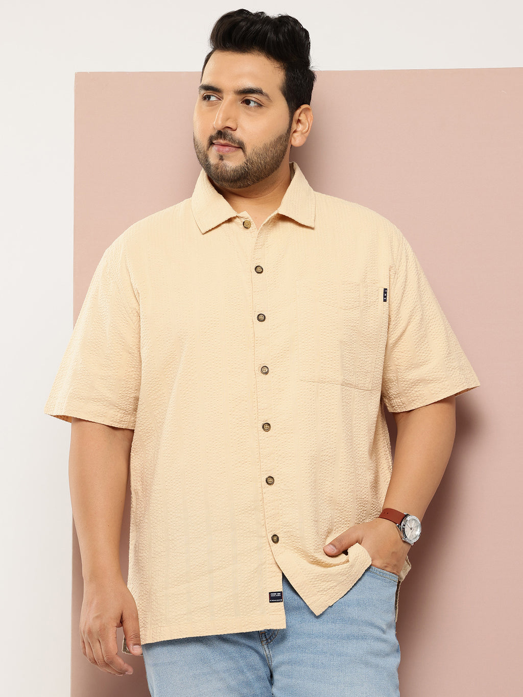 Thomas Scott Men Beige Plus Size Regular Fit Short Sleeves Cotton Seersucker Shirt