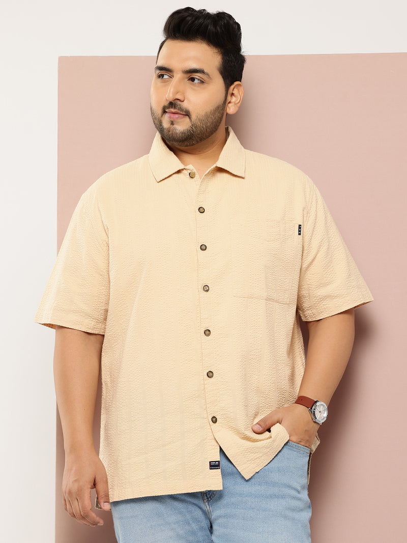 Thomas Scott Men Beige Plus Size Regular Fit Short Sleeves Cotton Seersucker Shirt