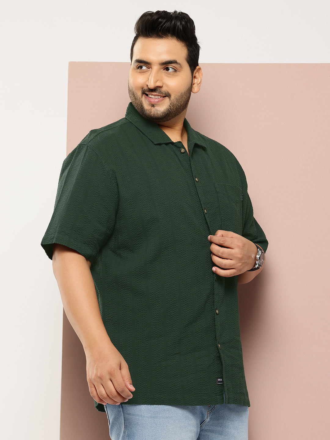 Thomas Scott Men Green Plus Size Regular Fit Short Sleeves Cotton Seersucker Shirt