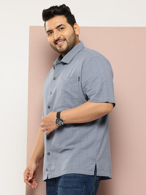 Thomas Scott Men Mid Blue Plus Size Regular Fit Short Sleeves Cotton Seersucker Shirt