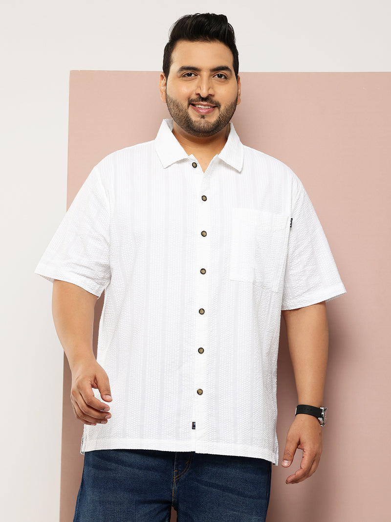 Thomas Scott Men White Plus Size Regular Fit Short Sleeves Cotton Seersucker Shirt