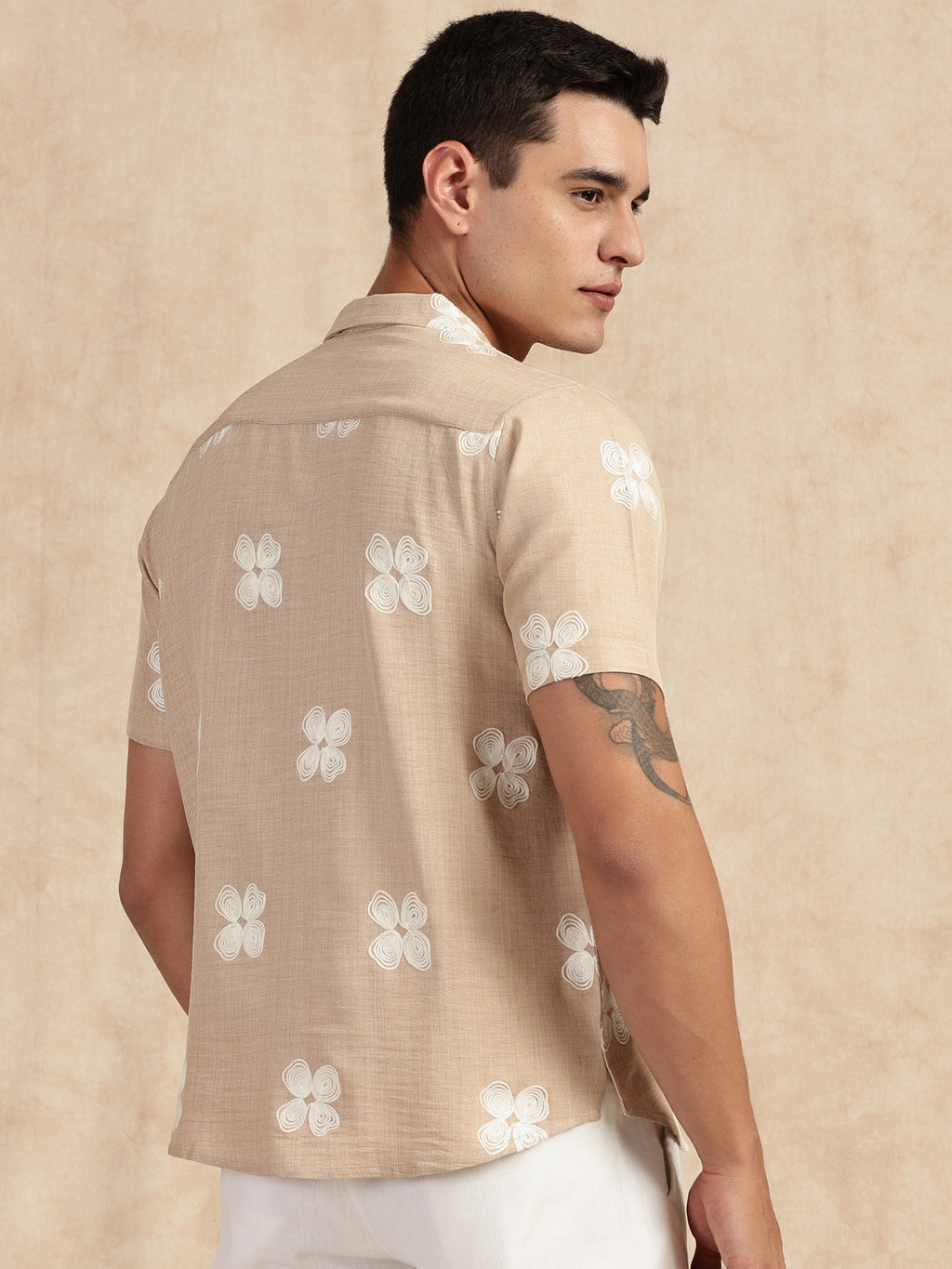 Thomas Scott Men Beige Regular Fit Short Sleeves Cuban Collar Embroidered Shirt