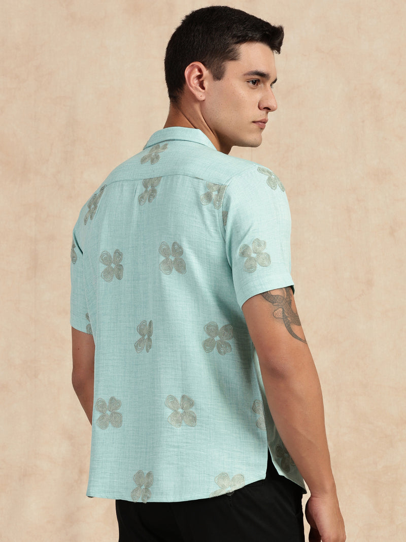 Thomas Scott Men Sky Blue Regular Fit Short Sleeves Cuban Collar Embroidered Shirt