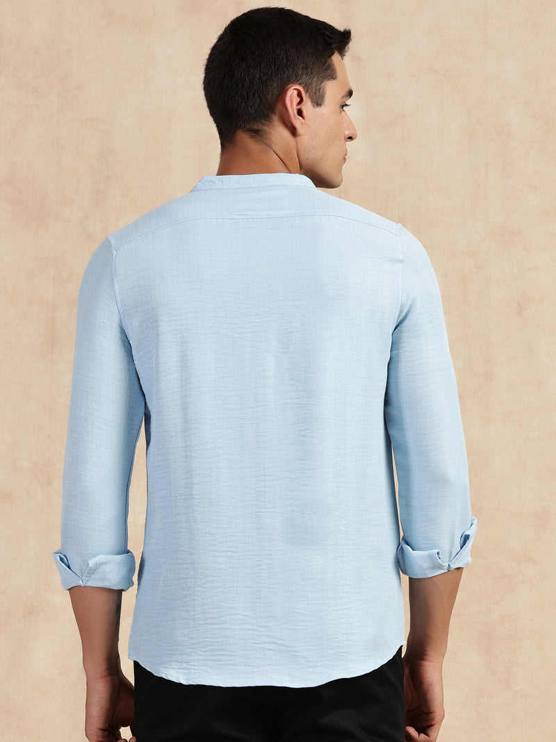 Thomas Scott Men Light Blue Slim Fit Long Sleeves Mandarin Collar Textured Casual Shirt