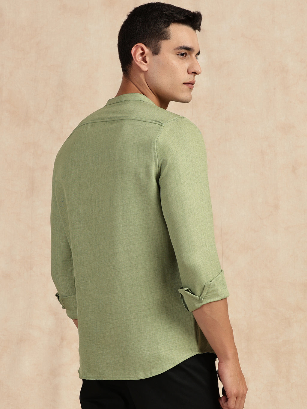 Thomas Scott Men Light Green Slim Fit Long Sleeves Mandarin Collar Textured Casual Shirt