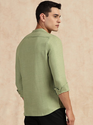 Thomas Scott Men Light Green Slim Fit Long Sleeves Mandarin Collar Textured Casual Shirt