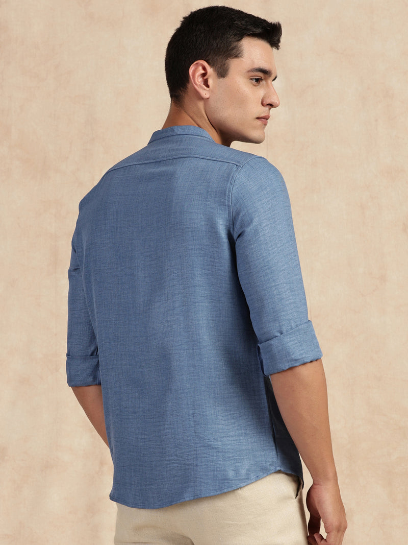 Thomas Scott Men Medium Blue Slim Fit Long Sleeves Mandarin Collar Textured Casual Shirt