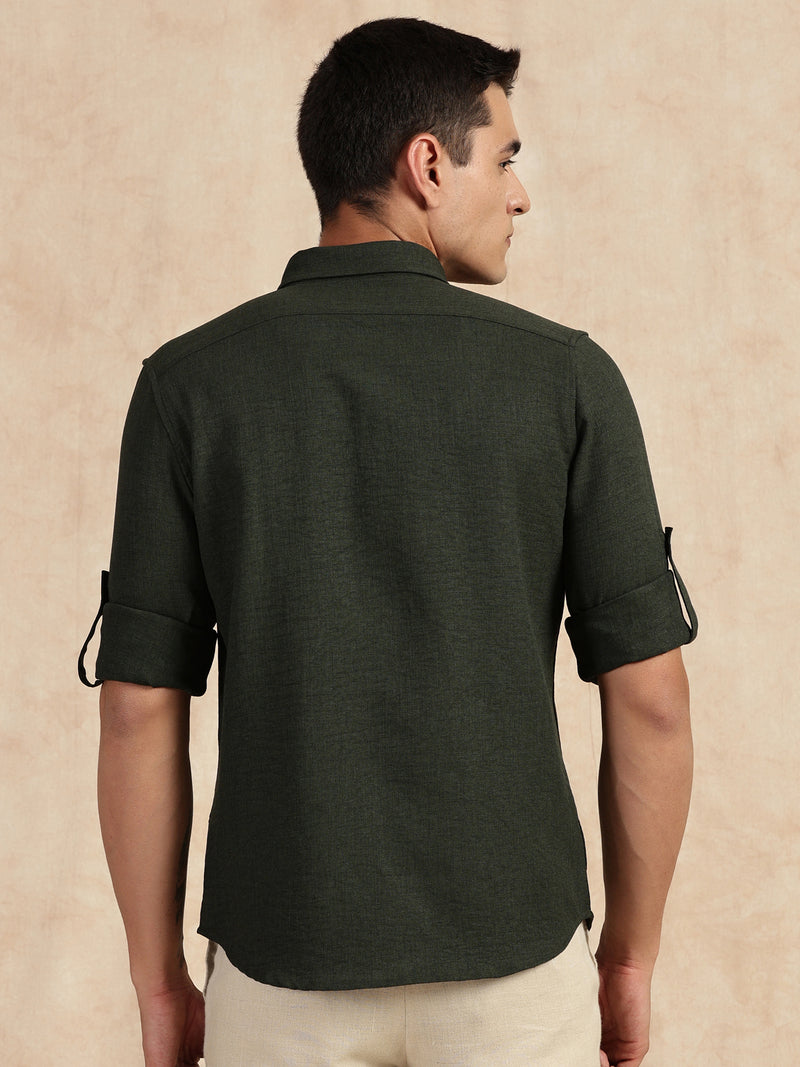 Thomas Scott Men Bottle Green Slim Fit Long Sleeves Button-Down Collar Polyester Casual Shirt