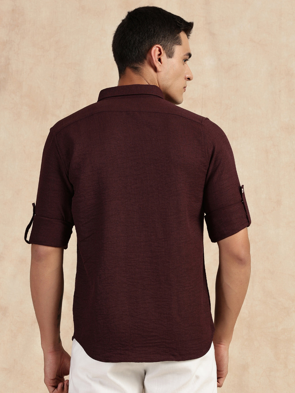 Thomas Scott Men Wine Slim Fit Long Sleeves Button-Down Collar Polyester Casual Shirt