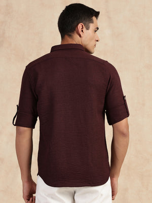 Thomas Scott Men Wine Slim Fit Long Sleeves Button-Down Collar Polyester Casual Shirt
