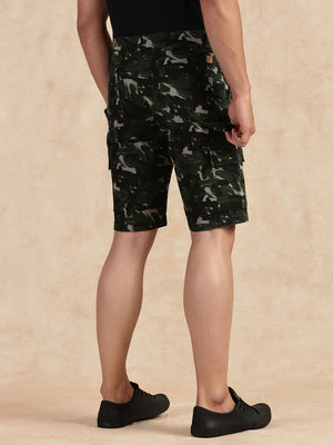 Thomas Scott Men Dark Olive Regular Fit Mid Rise Camouflage Cargo Shorts