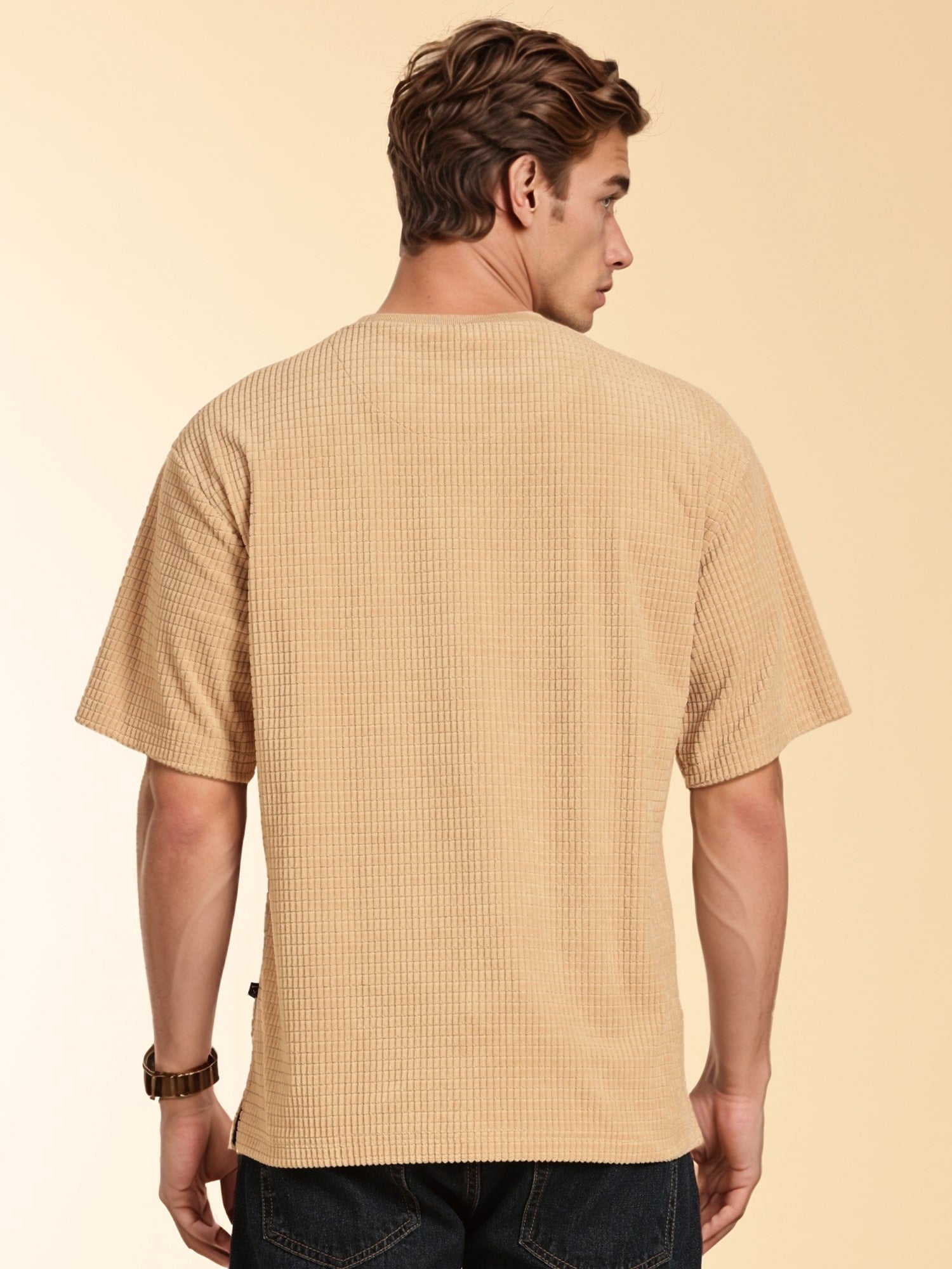 Thomas Scott Men Beige Towel Terry Oversized Short Sleeves Round Neck Solid Knitted Tshirt