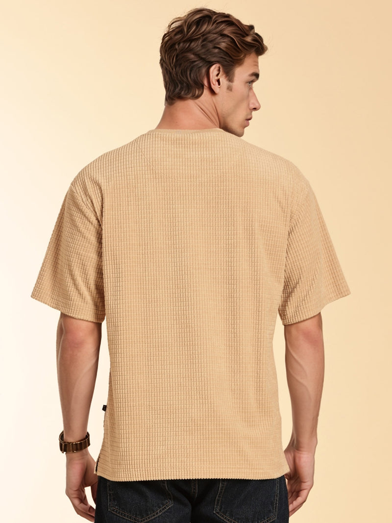 Thomas Scott Men Beige Towel Terry Oversized Short Sleeves Round Neck Solid Knitted Tshirt