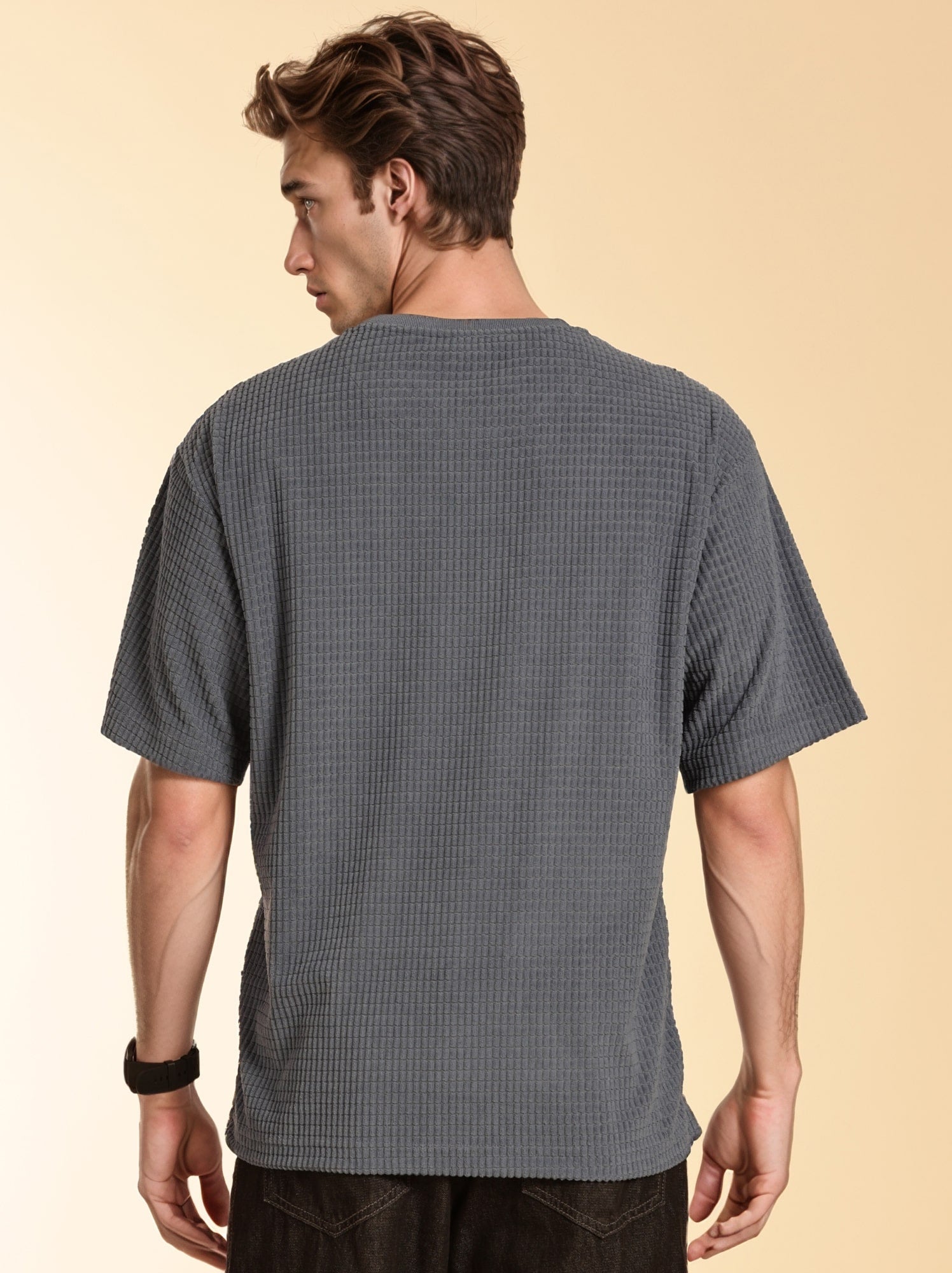 Thomas Scott Men Blue Towel Terry Oversized Short Sleeves Round Neck Solid Knitted Tshirt