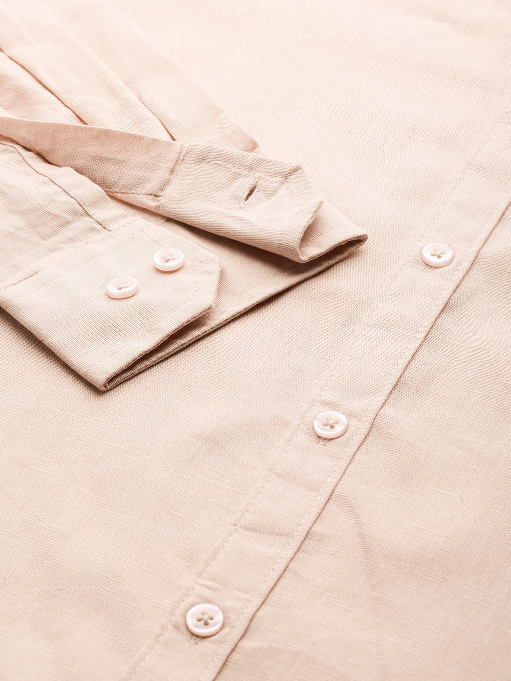 Thomas Scott Men Beige Premium Plus Size Regular Fit Long Sleeves Band Collar Solid Cotton Linen Casual Shirt
