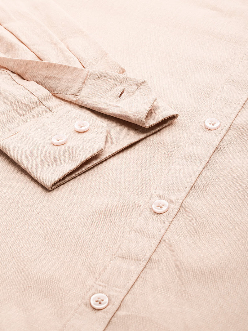 Thomas Scott Men Beige Premium Plus Size Regular Fit Long Sleeves Band Collar Solid Cotton Linen Casual Shirt