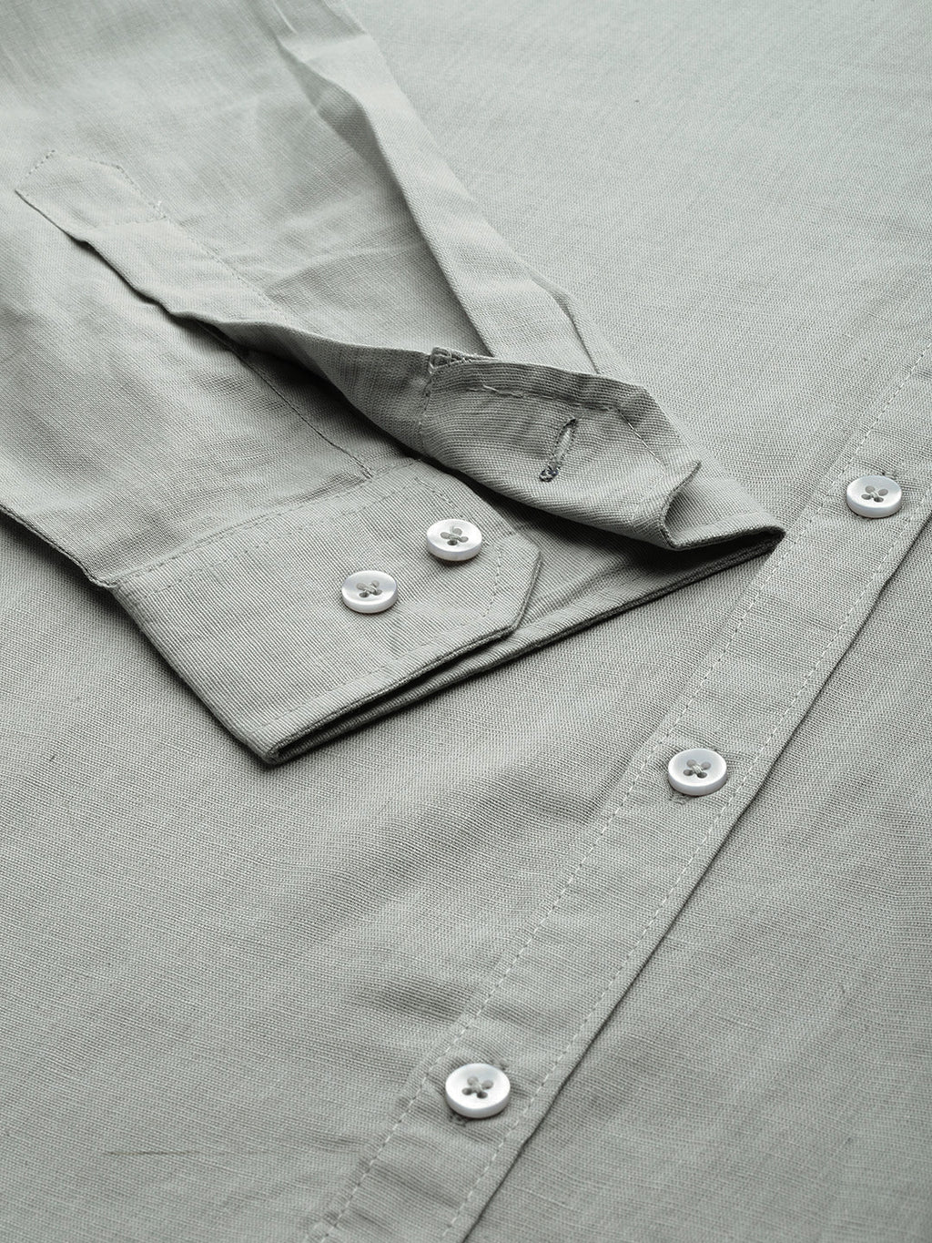 Thomas Scott Men Grey Premium Plus Size Regular Fit Long Sleeves Band Collar Solid Cotton Linen Casual Shirt