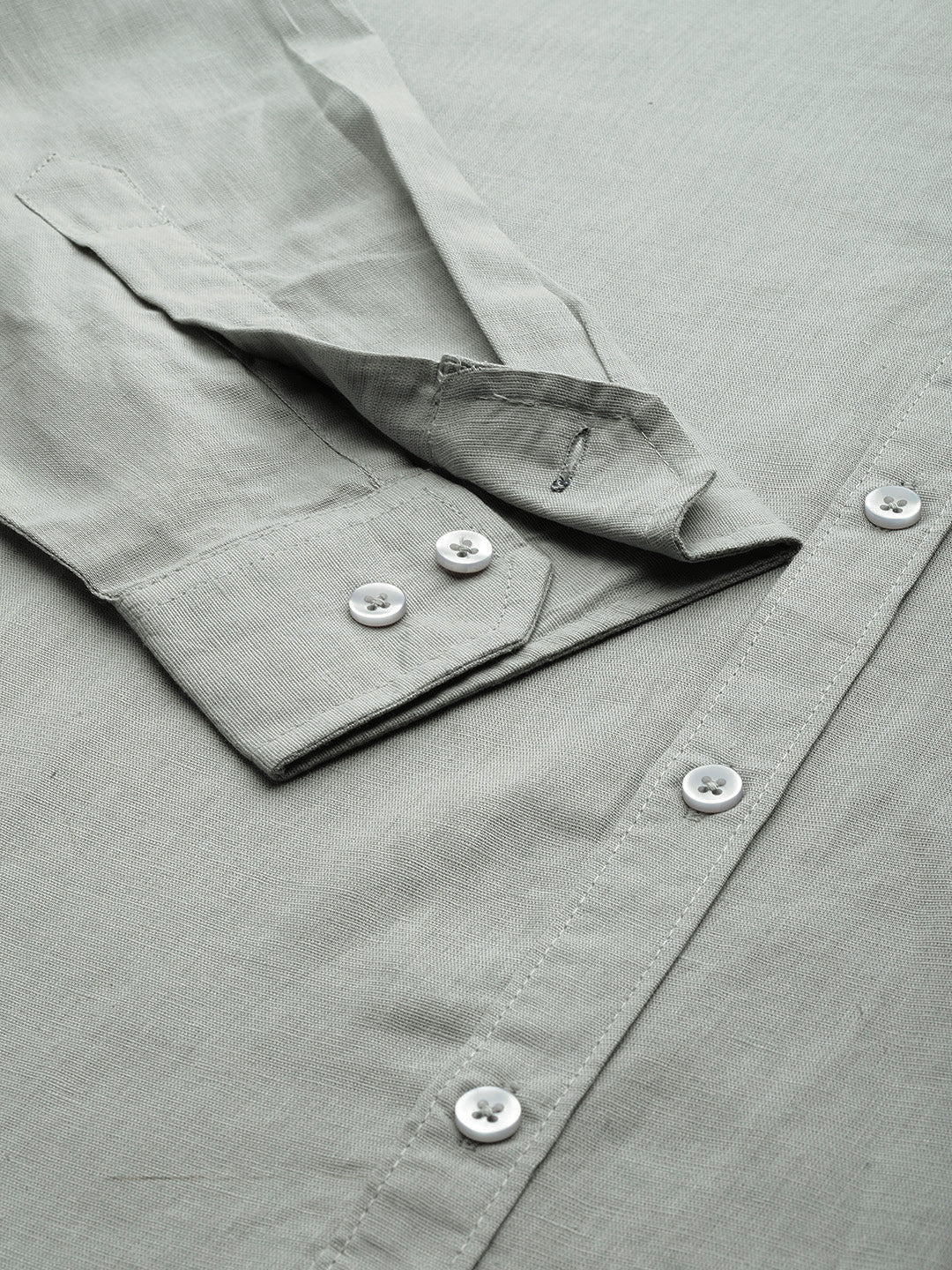 Thomas Scott Men Grey Premium Plus Size Regular Fit Long Sleeves Band Collar Solid Cotton Linen Casual Shirt