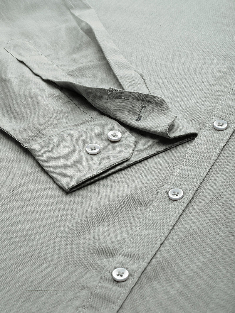 Thomas Scott Men Grey Premium Plus Size Regular Fit Long Sleeves Band Collar Solid Cotton Linen Casual Shirt