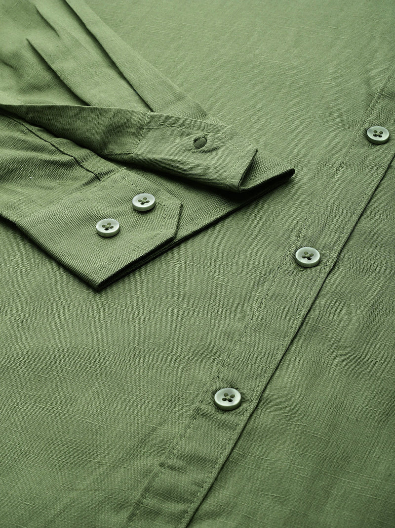 Thomas Scott Men Olive Premium Plus Size Regular Fit Long Sleeves Band Collar Solid Cotton Linen Casual Shirt