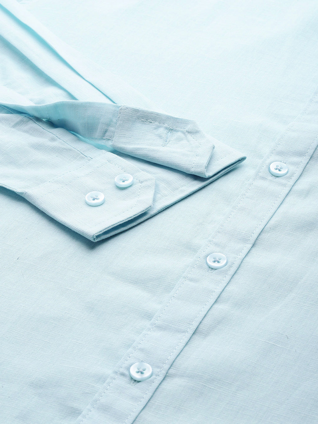 Thomas Scott Men Sky Blue Premium Plus Size Regular Fit Long Sleeves Band Collar Solid Cotton Linen Casual Shirt