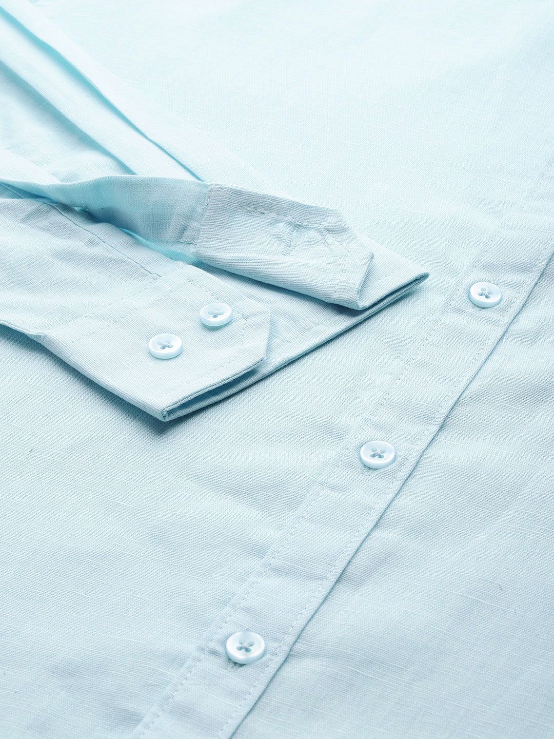 Thomas Scott Men Sky Blue Premium Plus Size Regular Fit Long Sleeves Band Collar Solid Cotton Linen Casual Shirt