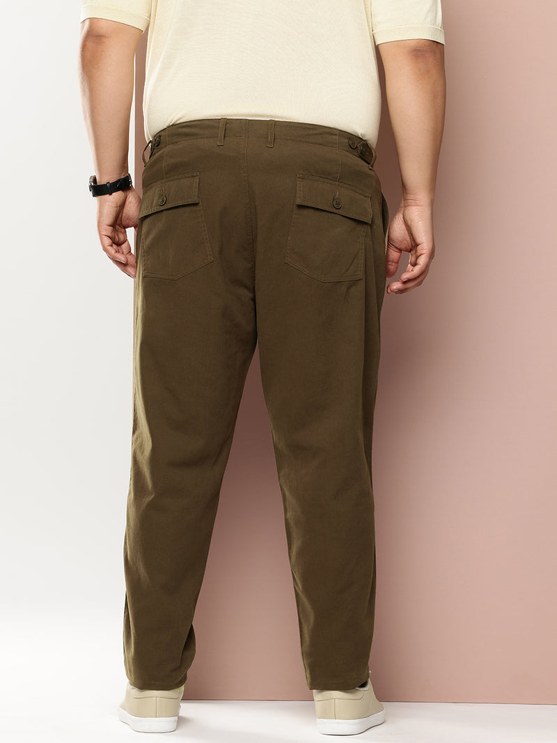 Thomas Scott Men Dark Olive Plus Size Smart Easy Wash Regular Fit Mid-Rise Solid Woven Trouser