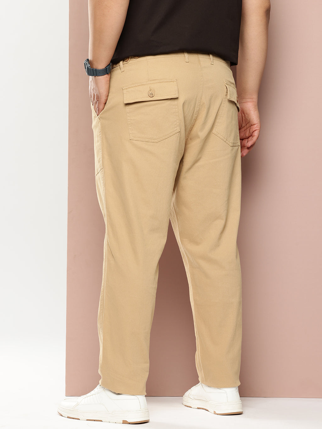 Thomas Scott Men Khaki Plus Size Smart Easy Wash Regular Fit Mid-Rise Solid Woven Trouser