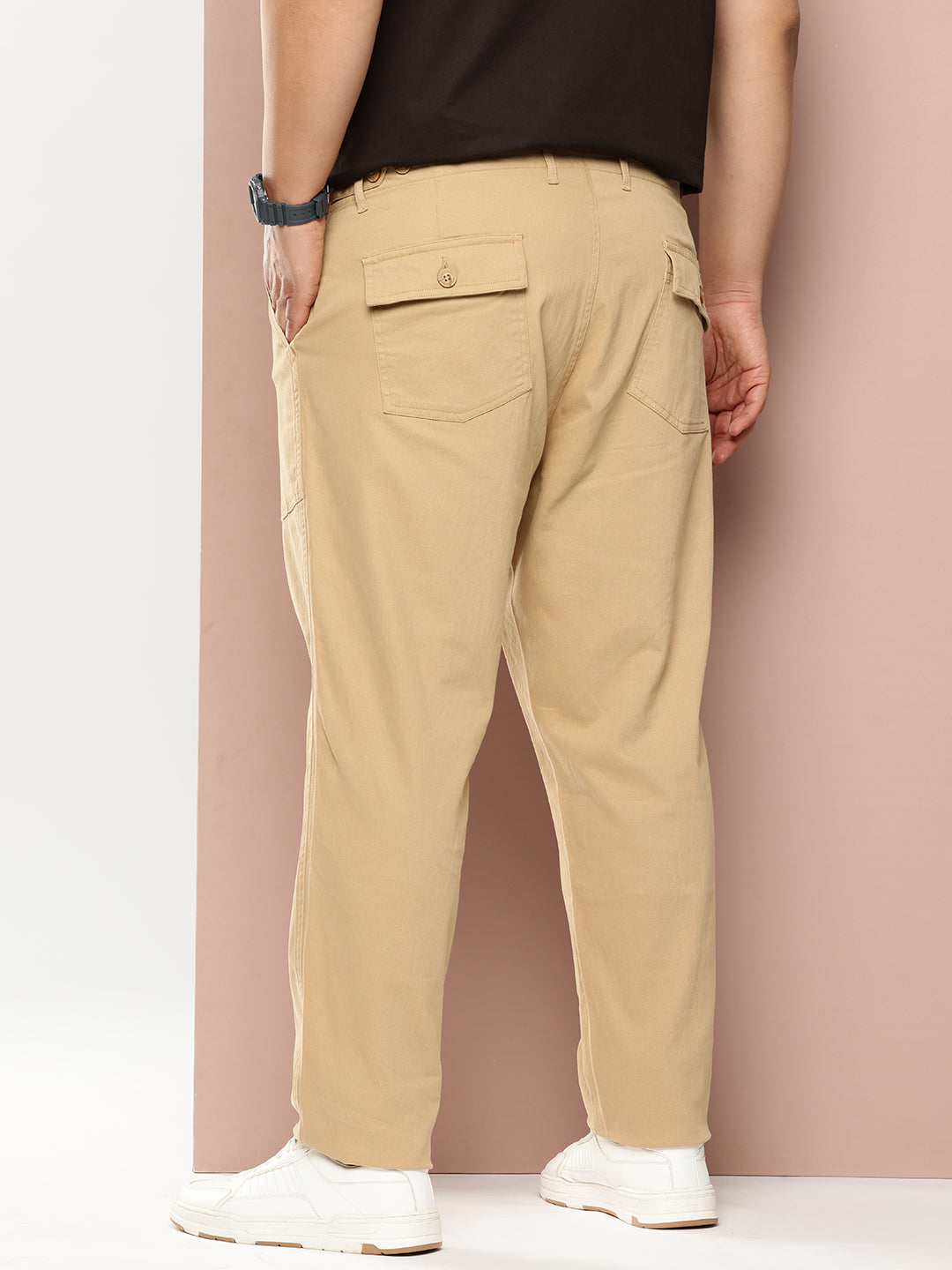 Thomas Scott Men Khaki Plus Size Smart Easy Wash Regular Fit Mid-Rise Solid Woven Trouser