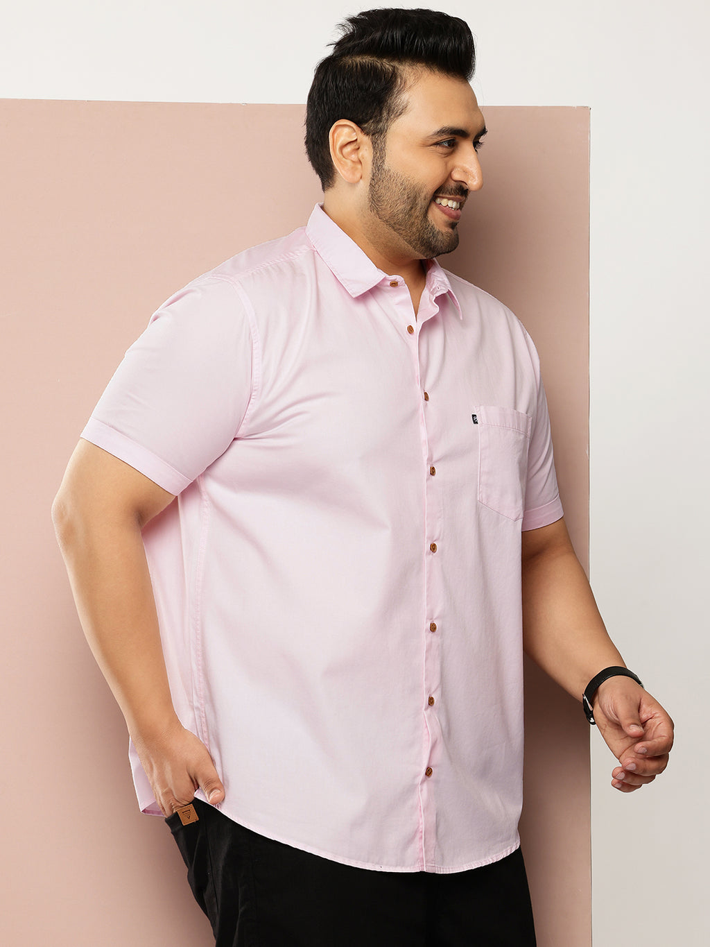 Thomas Scott Men Pink Premium Plus Size Regular Fit Short Sleeves Spread Collar Solid Casual Shirt