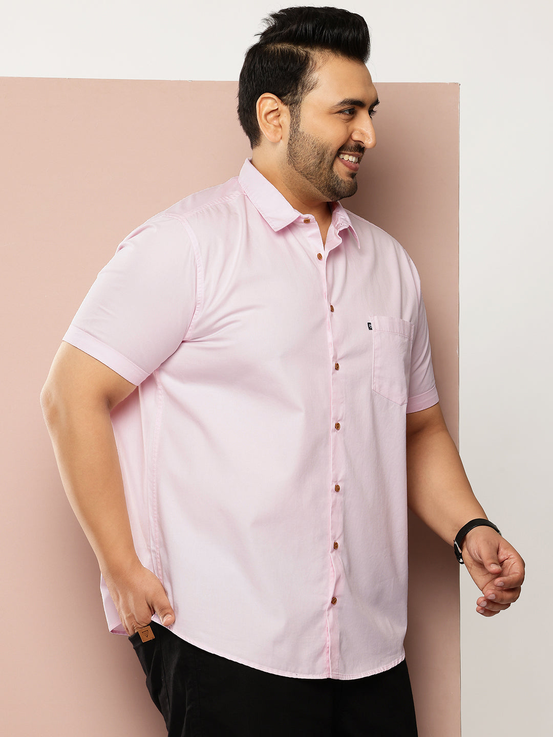 Thomas Scott Men Pink Premium Plus Size Regular Fit Short Sleeves Spread Collar Solid Casual Shirt