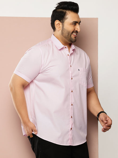 Thomas Scott Men Pink Premium Plus Size Regular Fit Short Sleeves Spread Collar Solid Casual Shirt