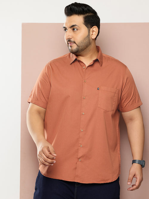 Thomas Scott Men Rust Premium Plus Size Regular Fit Short Sleeves Spread Collar Solid Casual Shirt