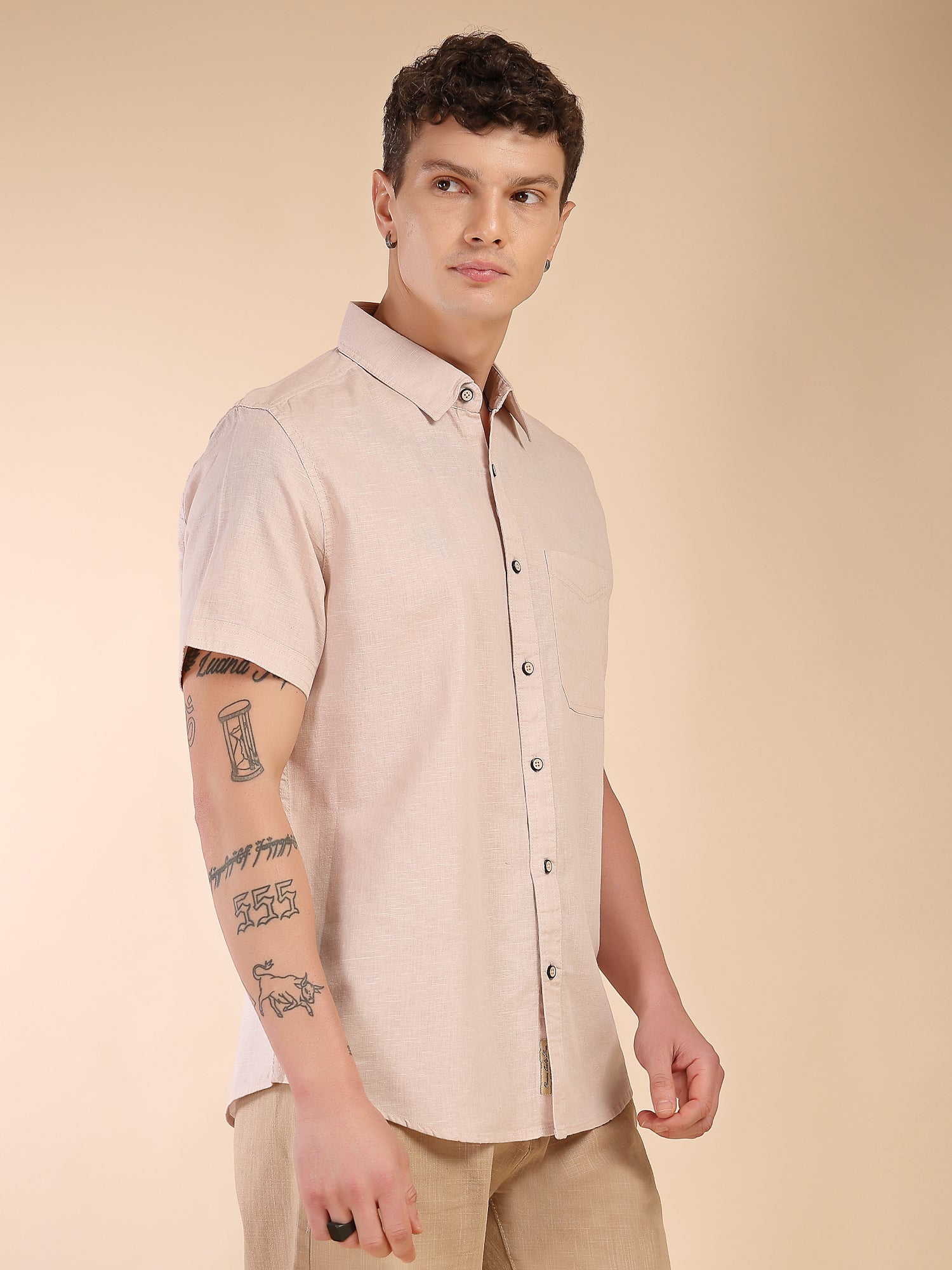 Thomas Scott Men Beige Regular Fit Short Sleeves Spread Collar Linen Casual Shirt