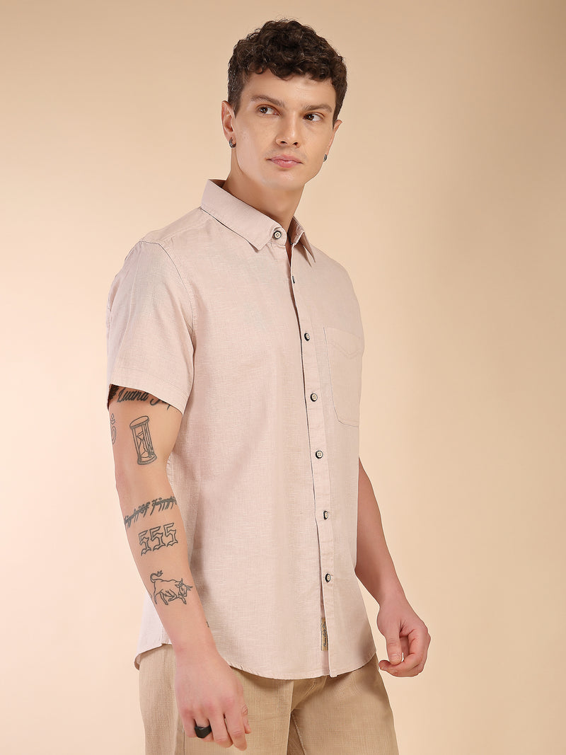 Thomas Scott Men Beige Regular Fit Short Sleeves Spread Collar Linen Casual Shirt