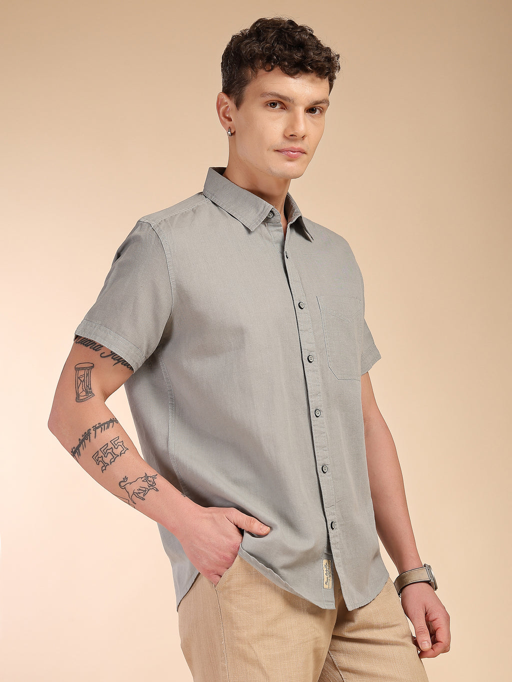 Thomas Scott Men Grey Regular Fit Short Sleeves Spread Collar Linen Casual Shirt