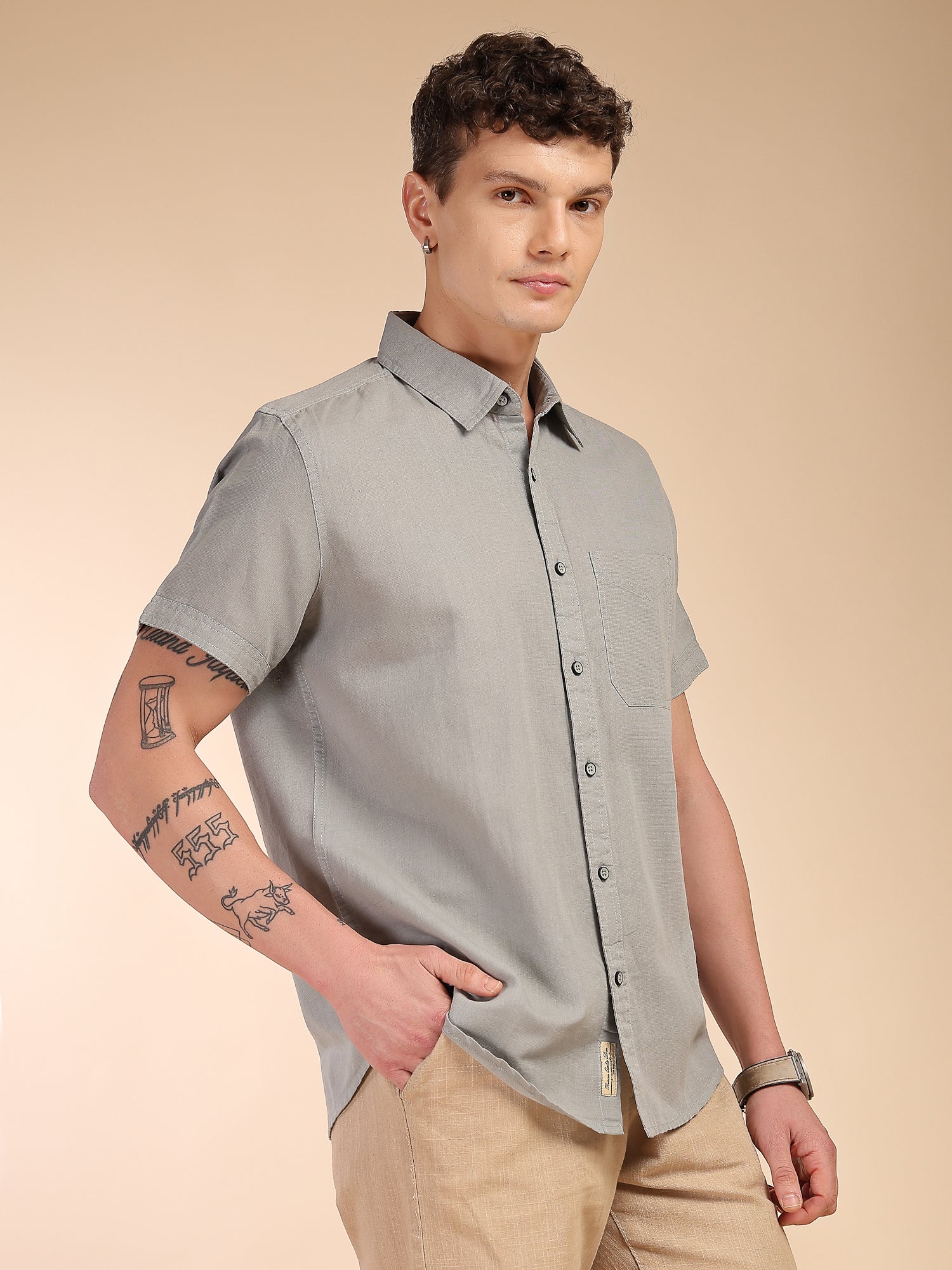 Thomas Scott Men Grey Regular Fit Short Sleeves Spread Collar Linen Casual Shirt