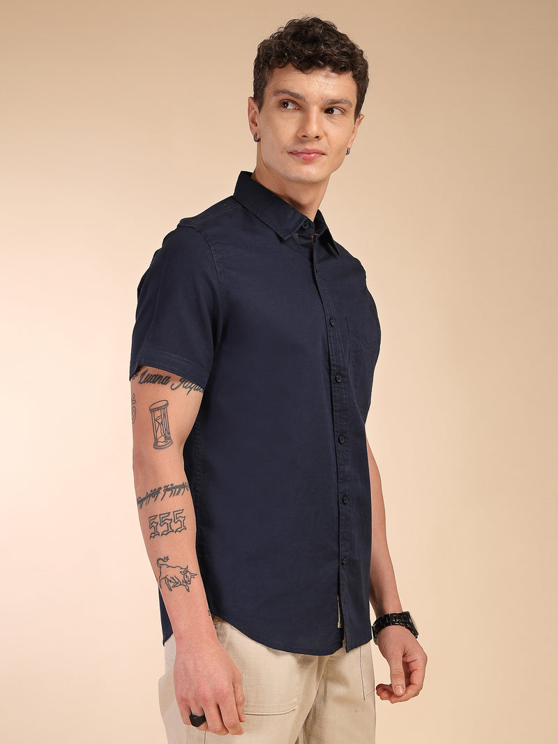 Thomas Scott Men Navy Regular Fit Short Sleeves Spread Collar Linen Casual Shirt