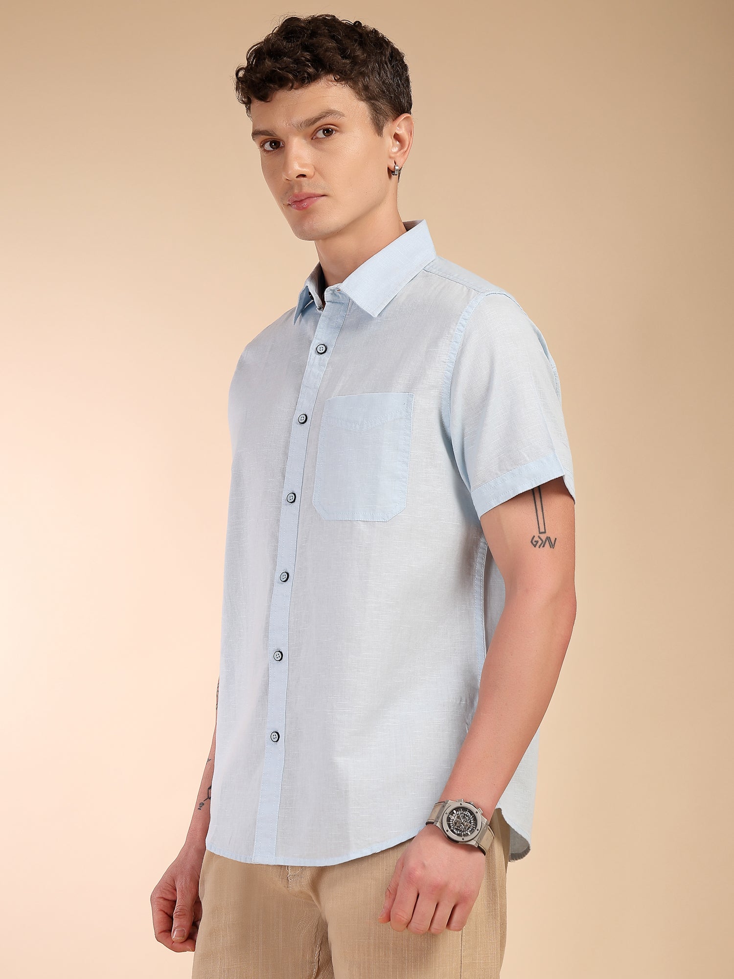 Thomas Scott Men Sky Blue Regular Fit Short Sleeves Spread Collar Linen Casual Shirt