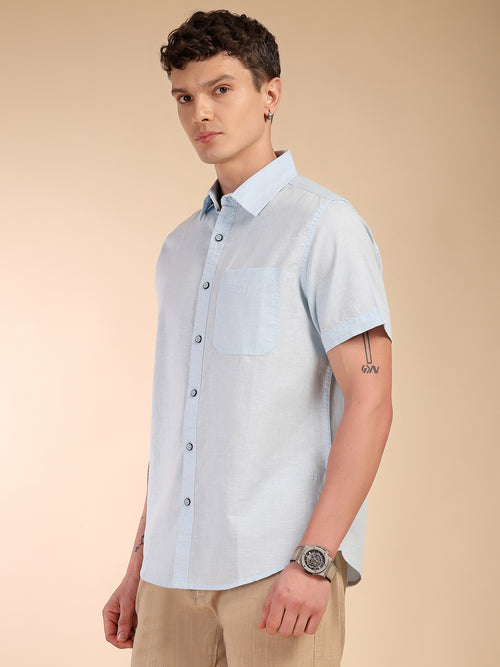 Thomas Scott Men Sky Blue Regular Fit Short Sleeves Spread Collar Linen Casual Shirt