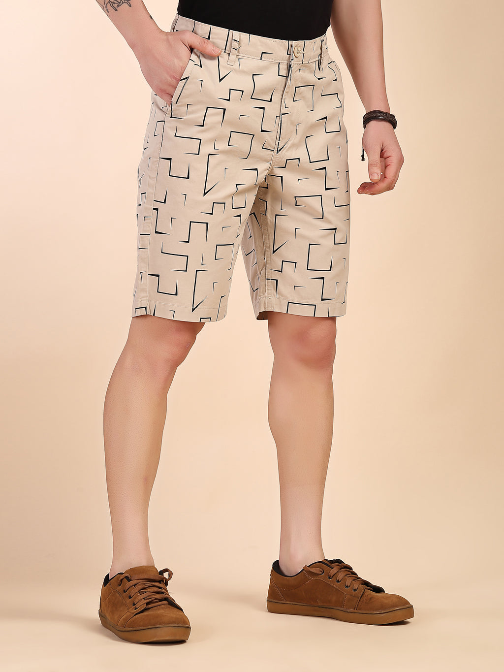 Thomas Scott Men Beige Mid-Rise Regular Fit Geometric Print Cotton Woven Chinos Shorts