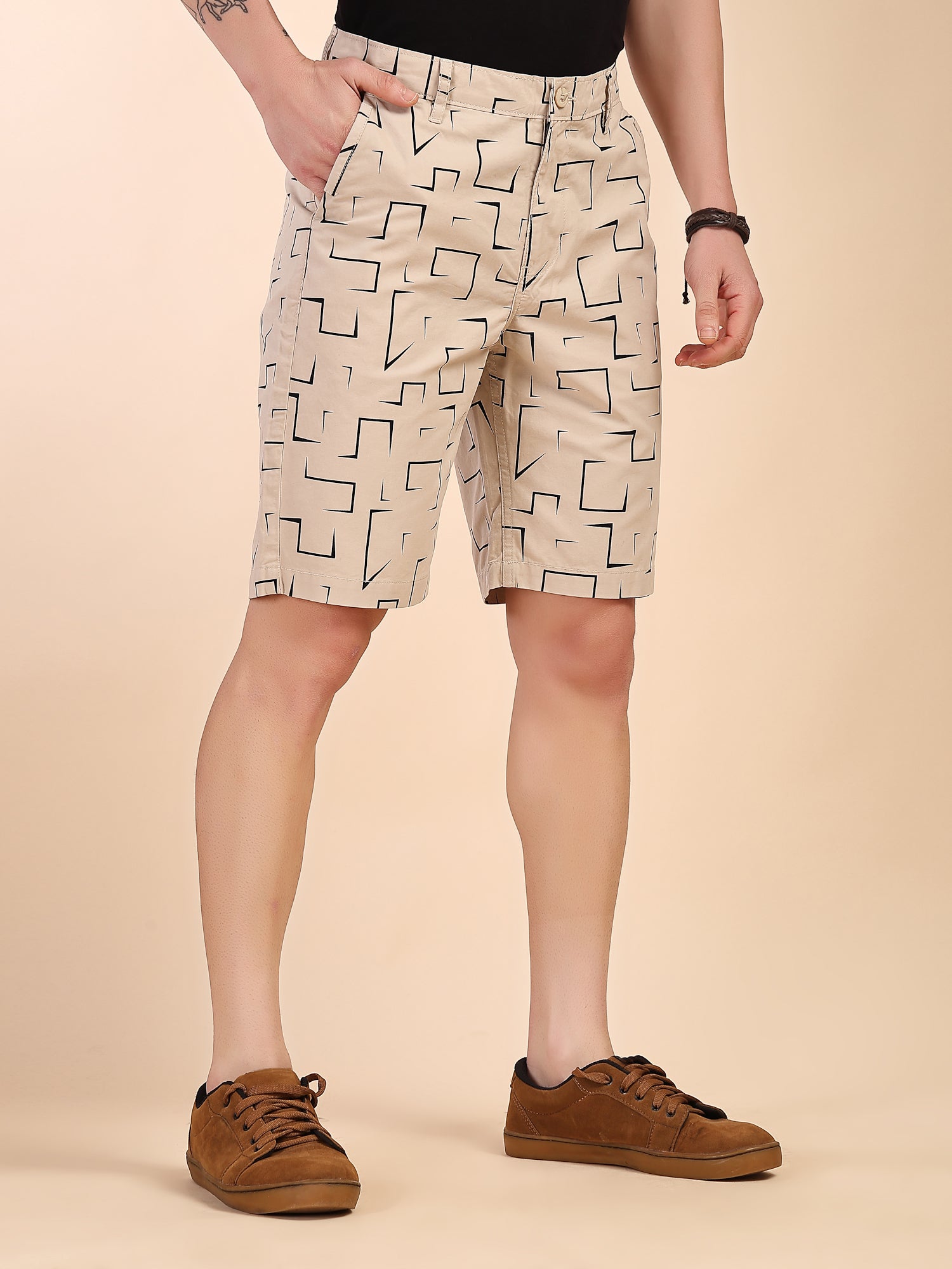 Thomas Scott Men Beige Mid-Rise Regular Fit Geometric Print Cotton Woven Chinos Shorts