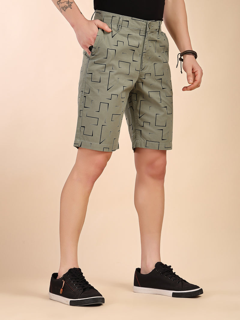 Thomas Scott Men Mint Mid-Rise Regular Fit Geometric Print Cotton Woven Chinos Shorts