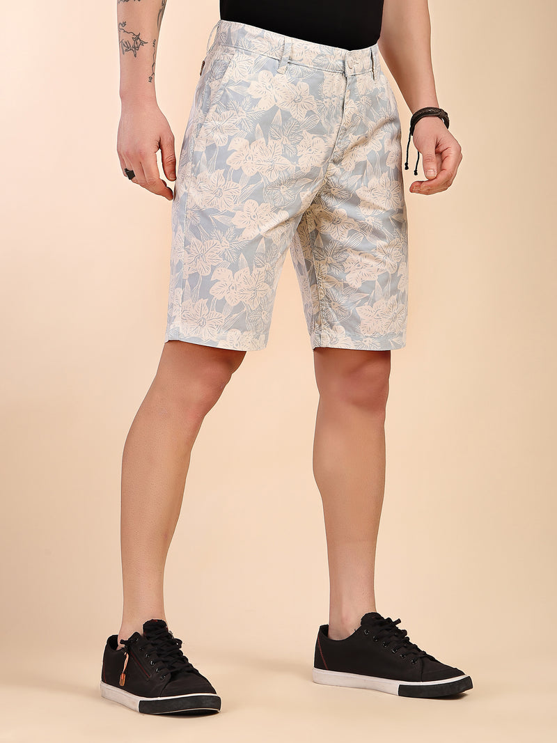 Thomas Scott Men Sky Blue Mid-Rise Regular Fit Floral Print Cotton Woven Chinos Shorts